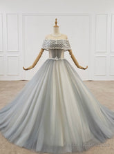 Blue Ball Gown Tulle Sequins Floor Length Wedding Dress